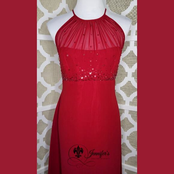 Michaelangelo Red Sequined and Chiffon Halter Dress Size 12 - Picture 2 of 12